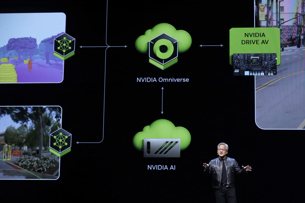 President and CEO of Nvidia Corporation Jensen Huang delivers a speech during the Computex 2024 exhibition in Taipei, Taiwan, Sunday, June 2, 2024. (AP Photo/Chiang Ying-ying)