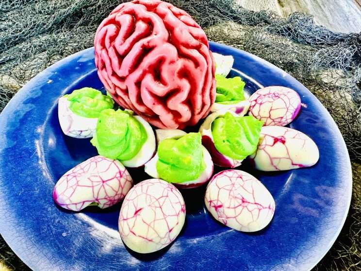 Zombie hard boiled eggs with giant brain