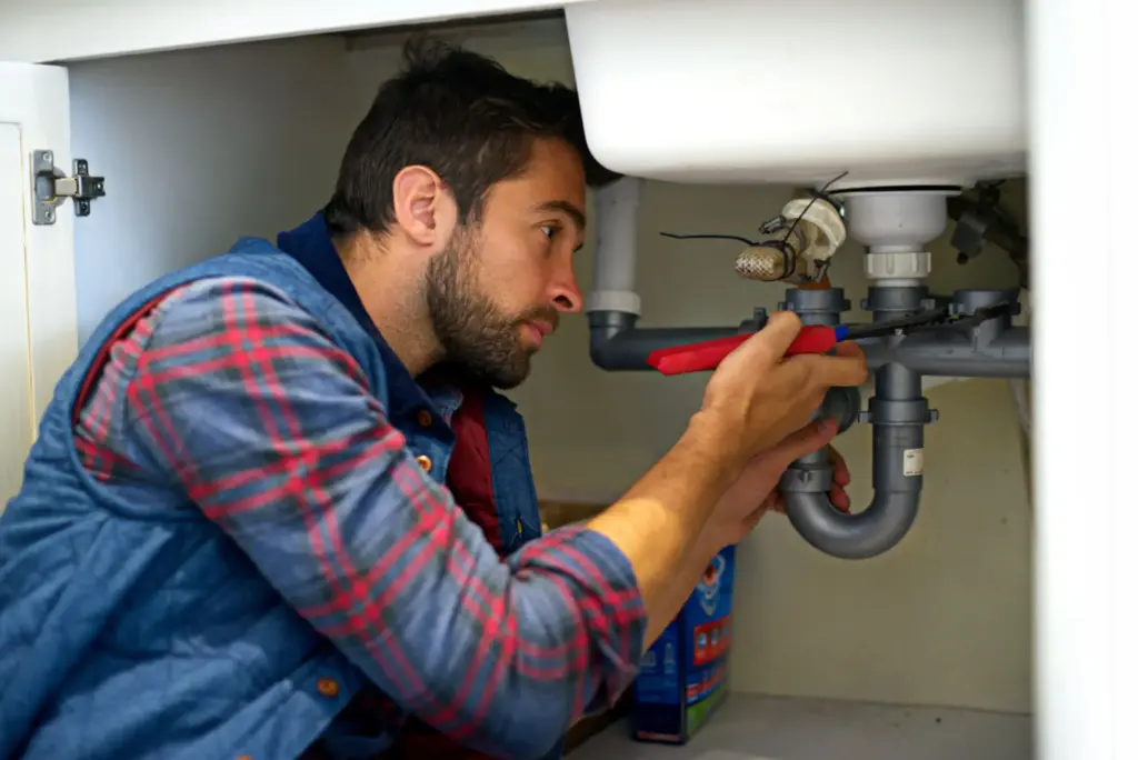 A person is repairing pipes under a sink, using a red-handled tool, in a kitchen cabinet.