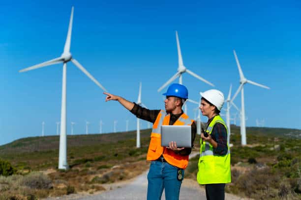 Two workers wearing safety gear stand in front of multiple wind turbines. One is pointing into the distance while the other holds a laptop.