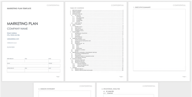 A preview of Smartsheet’s marketing plan template, showing the first three pages, including the cover page, table of contents, and a blank executive summary.