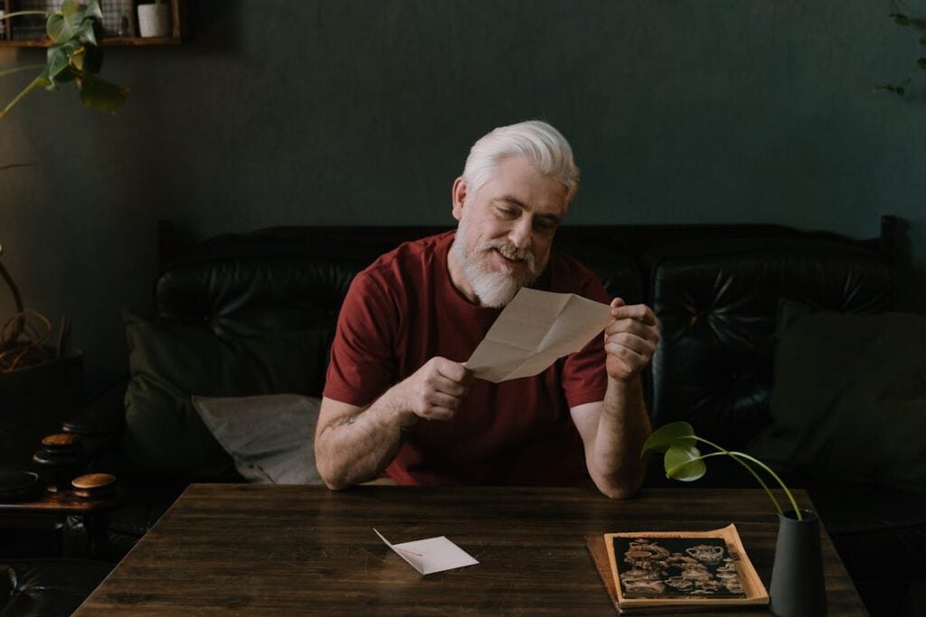 Older man with white hair and beard sits on a sofa, reading a letter at a wooden table with a small plant and a decorative board.