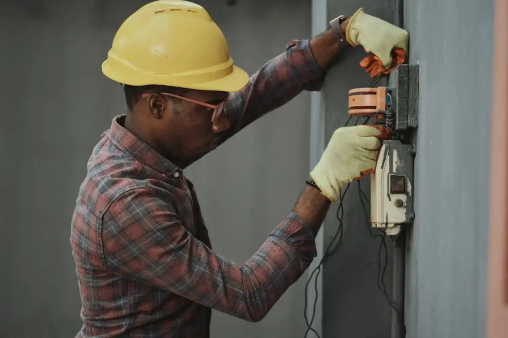 A worker wearing a yellow hard hat and gloves uses tools to work on an electrical panel mounted on an exterior wall.