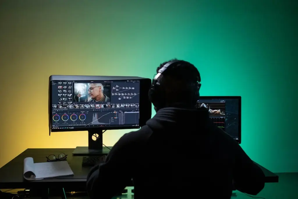 A person wearing headphones works on video editing software with two monitors, in a room with a green and yellow gradient background.