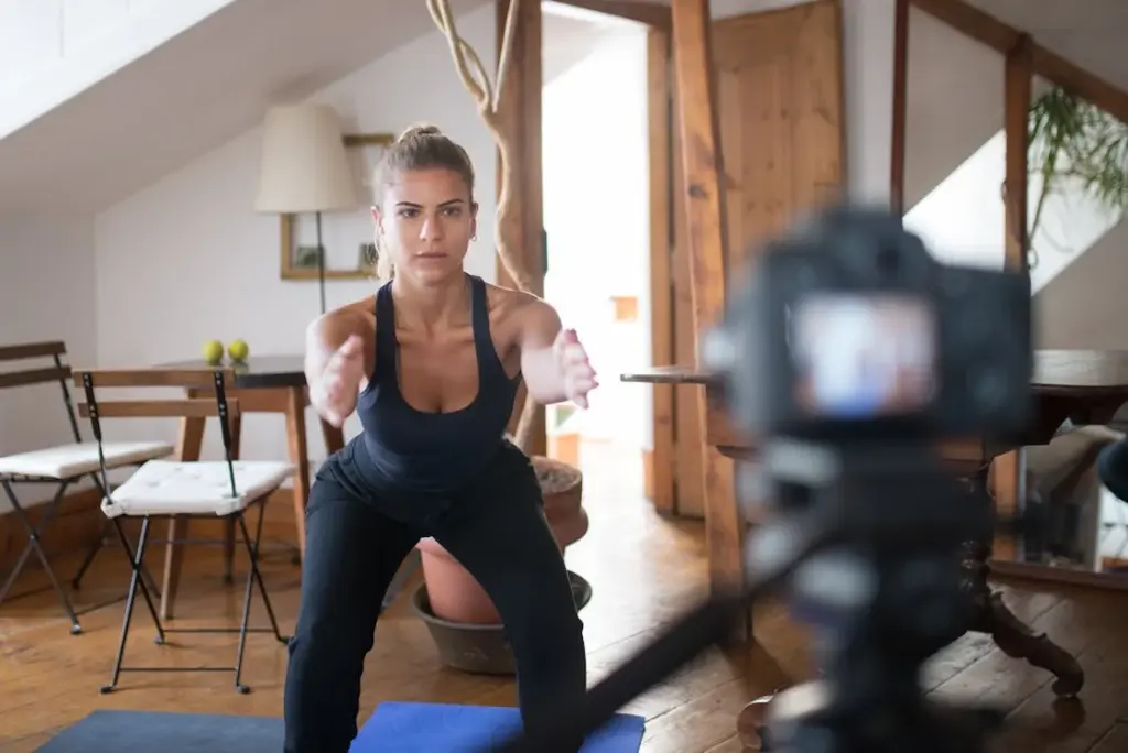 A woman in athletic wear performs squats on a blue mat, facing a camera in a cozy room with wooden furniture and plants.