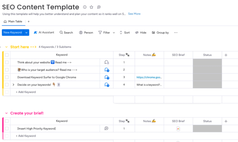 monday.com’s SEO Content Template showing a table for keywords in yellow and a table to create content briefs in pink.