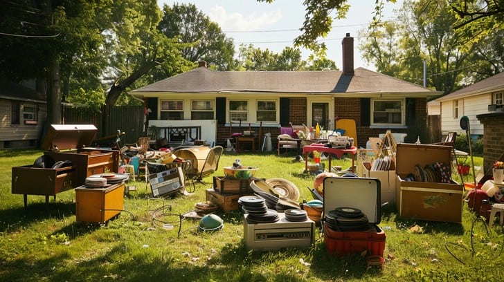 A yard sale with various items spread across a lawn, including furniture, electronics, and household goods, in front of a single-story house on a sunny day.