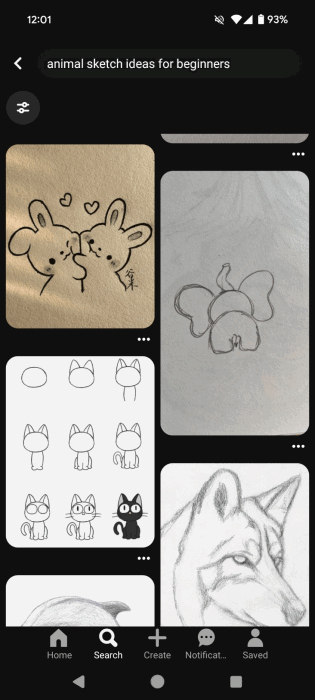 Searching for sketching ideas in the Pinterest mobile app. 