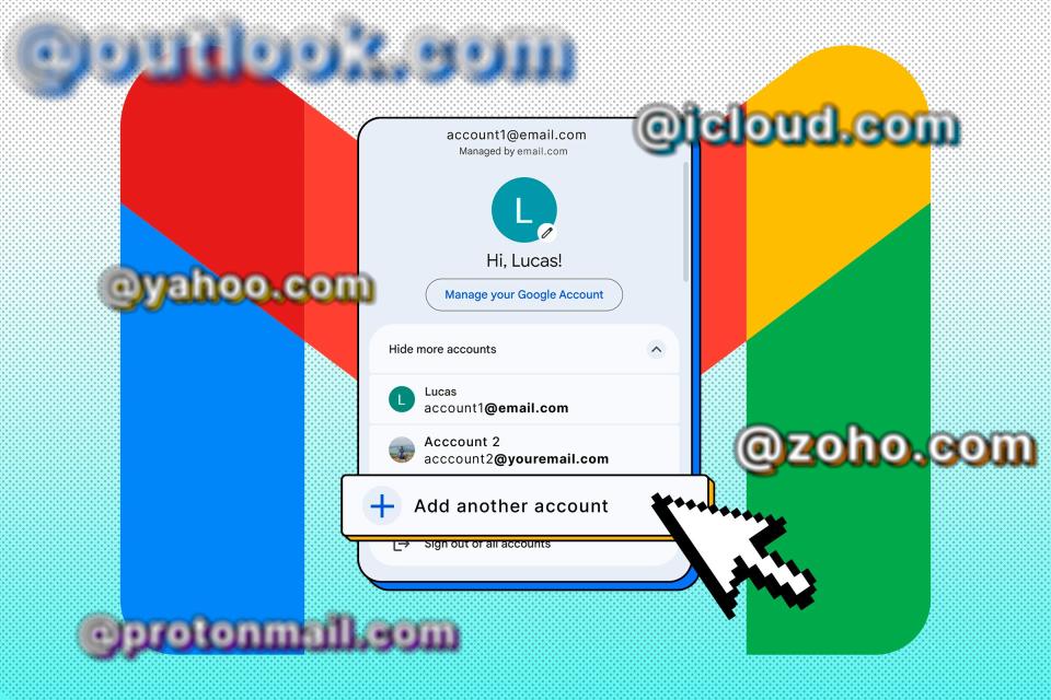 A Gmail window displaying some emails and the 'Add another account' button, with several emails around and the Gmail logo in the background.