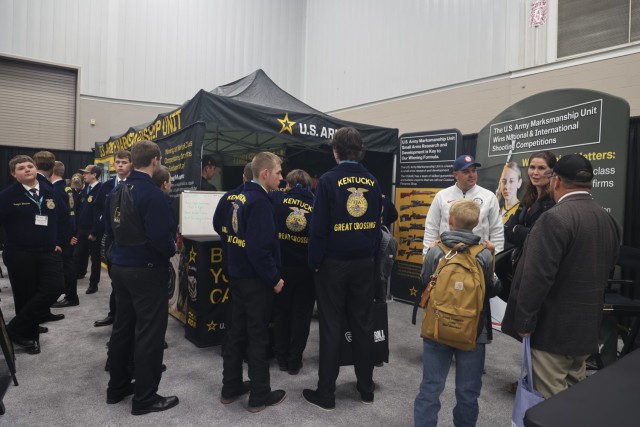 NFFA members line up for the Army Marksmanship Unit’s virtual range at the National Future Farmers of America convention in Indianapolis, Indiana Oct. 23-25 2024.