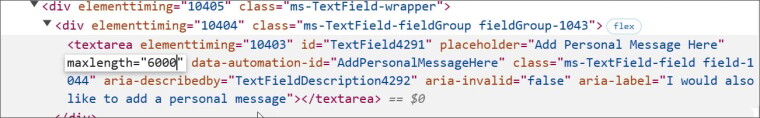 a screenshot of the textarea element being edited to increase the maximum length
