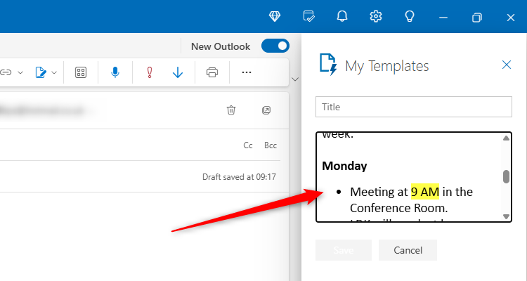 A formatted email in the My Templates pane in the new Outlook.