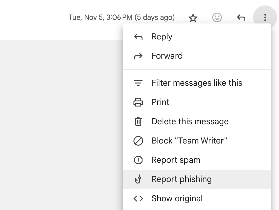 Reporting an email as a phishing attempt in Gmail.