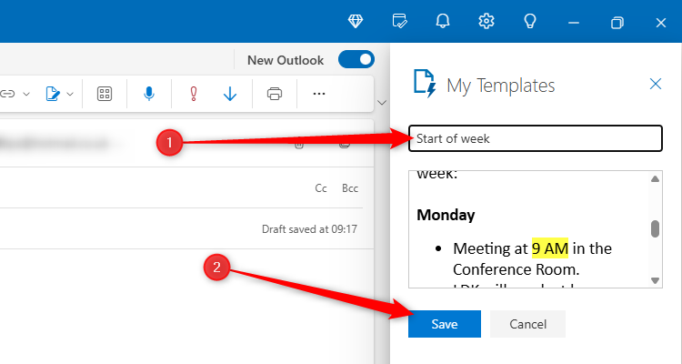 A template email in the My Templates pane in the new Outlook, with the template name entered, and the Save button highlighted.