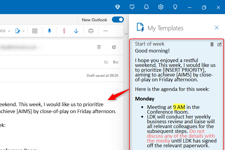 An email template that has been selected and inserted into the Message pane in the new Outlook.