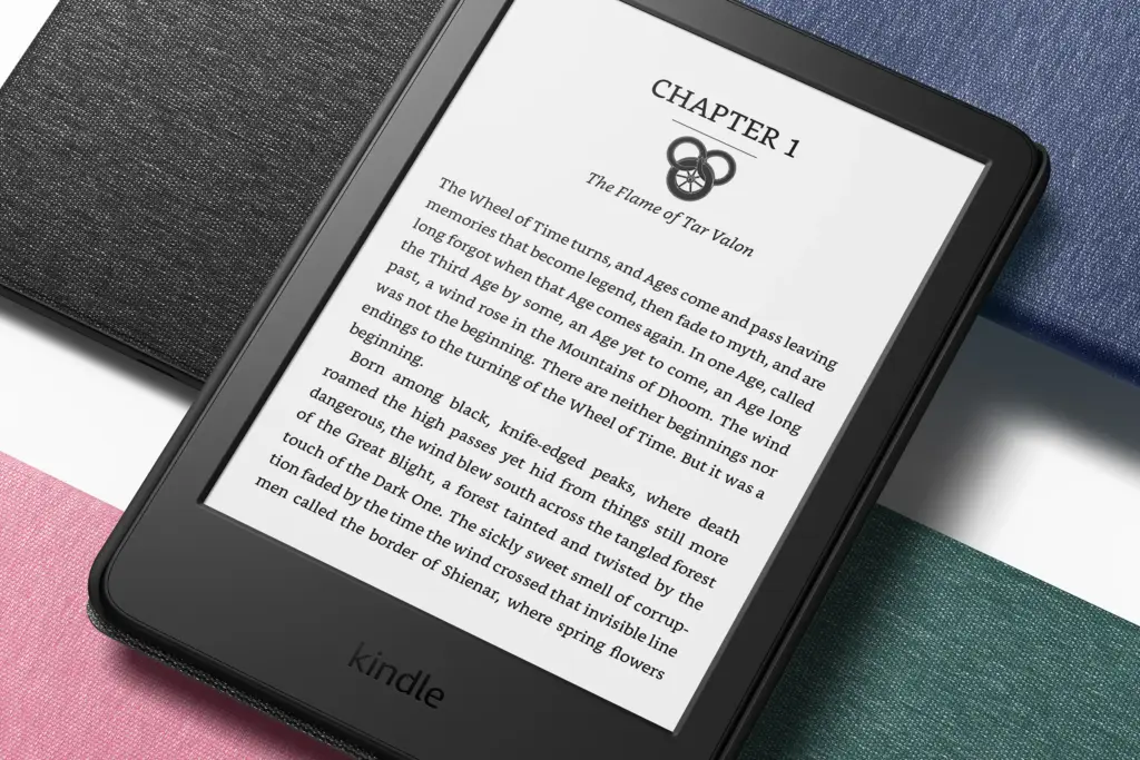 A Kindle device displaying Chapter 1 of a book titled 