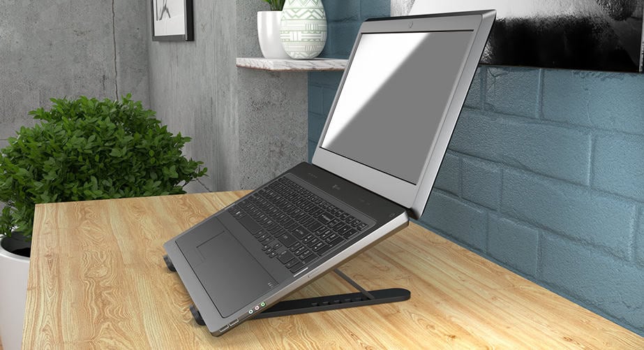 A laptop on a wooden desk is propped up on a stand. The background features a potted plant, a textured wall, and a framed picture.