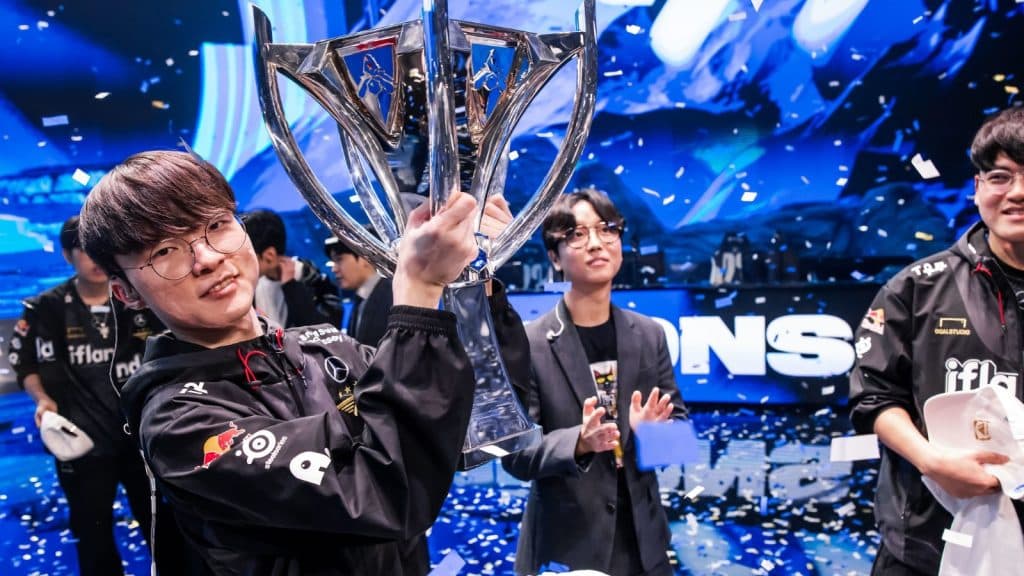 Faker lifting the trophy Worlds 2023