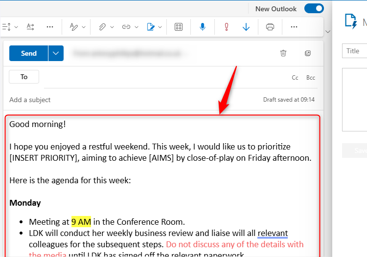 A draft email in the new Outlook for Windows, with some of the text formatted.