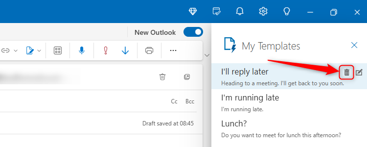 The trash icon next to the default templates in the new Outlook.