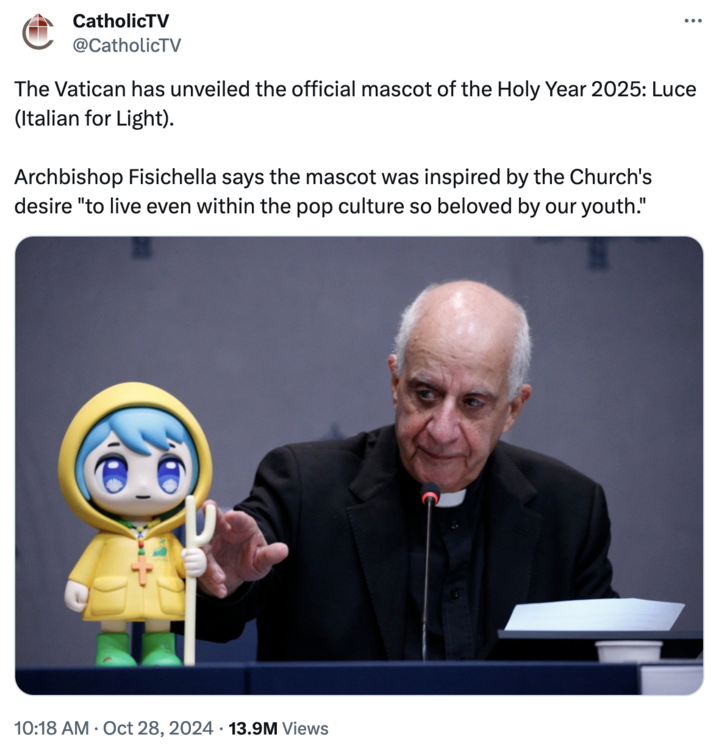 CatholicTV @CatholicTV The Vatican has unveiled the official mascot of the Holy Year 2025: Luce (Italian for Light). Archbishop Fisichella says the mascot was inspired by the Church's desire 