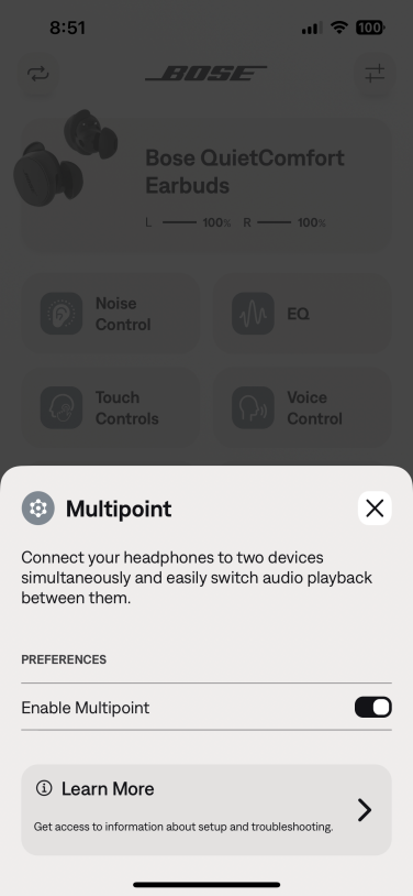 screenshot of multipoint pairing menu in bose qce app