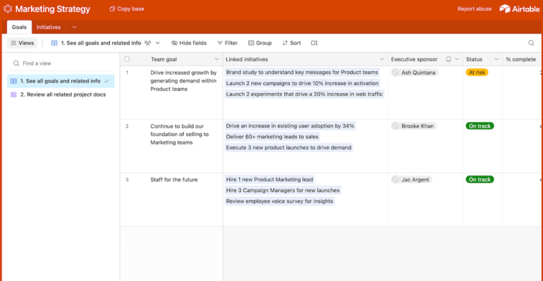 An Airtable marketing strategy base showing team goals with linked initiatives and the status of everything.