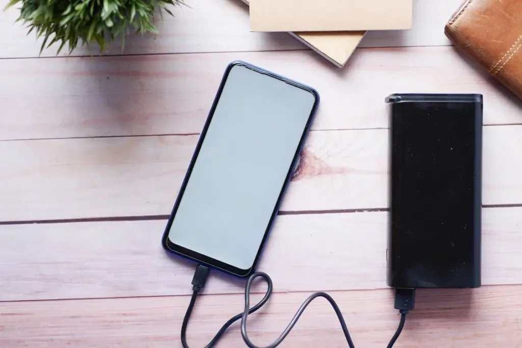 A smartphone connected to a power bank with a charging cable is placed on a wooden surface next to a plant and some notebooks.