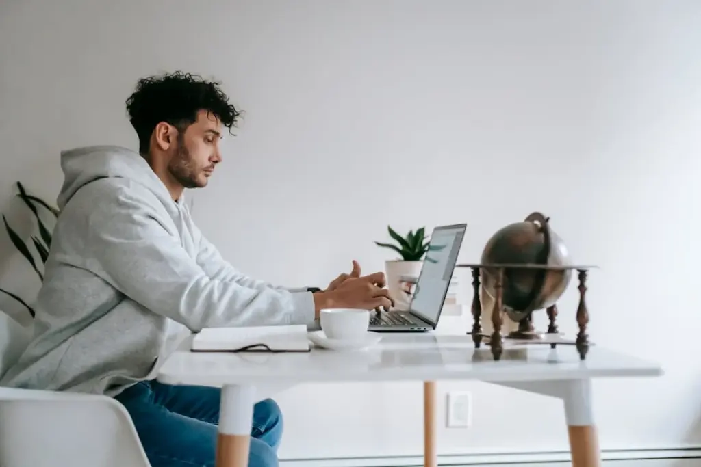 Person in a gray hoodie sitting at a white desk, using a laptop. A globe, notebook, and plants are on the desk.