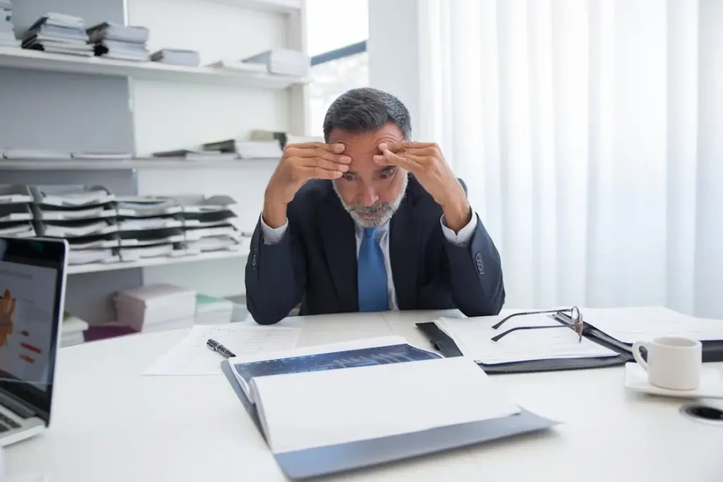 A man in a suit sits at a cluttered desk with files and a laptop, holding his head in his hands, appearing stressed or deep in thought.