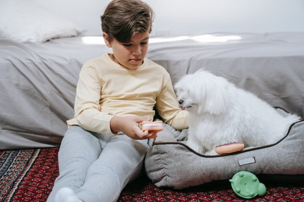 A child sits on the floor beside a small white dog in a dog bed. The child holds a toy, and there are other toys on the bed.