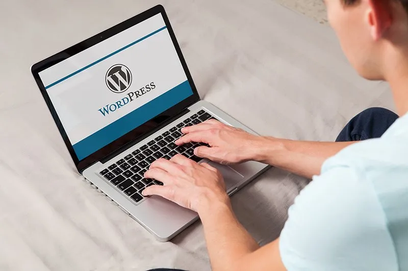 A person types on a laptop displaying the WordPress logo on the screen.