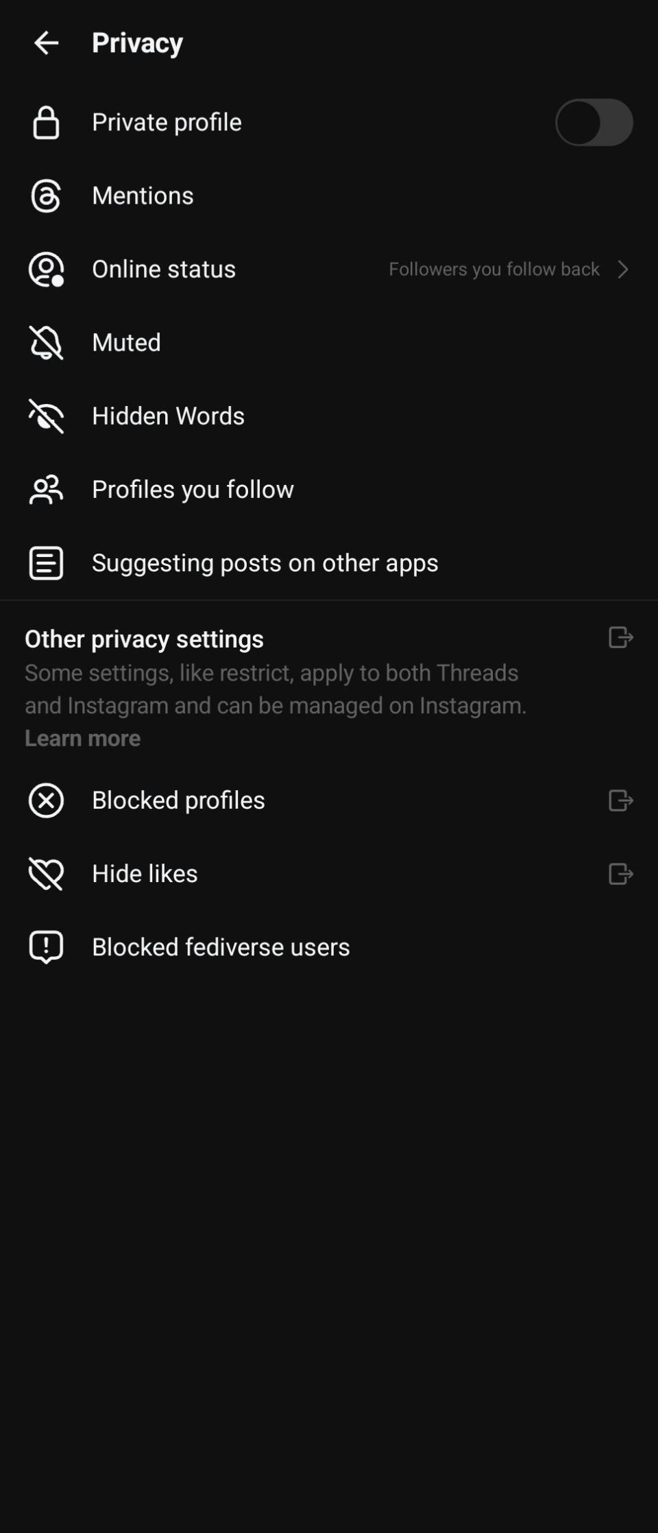 A screenshot of privacy settings in Threads.