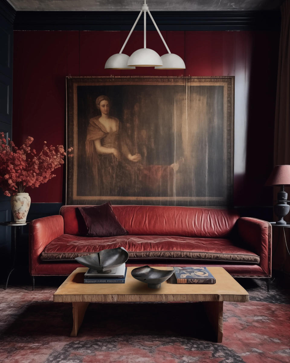 Red living room with a red velvet couch and a red and navy blue oriental rug. There is a classical painting hung above the sofa and a rectangular wooden coffee table in front of it