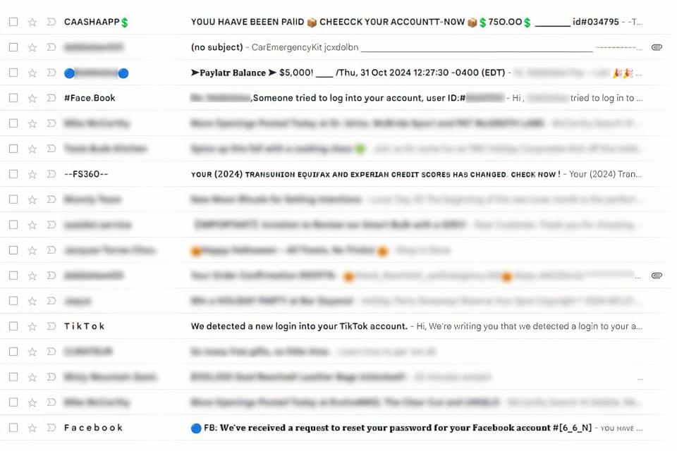 Screenshot of Gmail's spam folder filled with emails that have abnormal fonts and urgent claims in the subject line