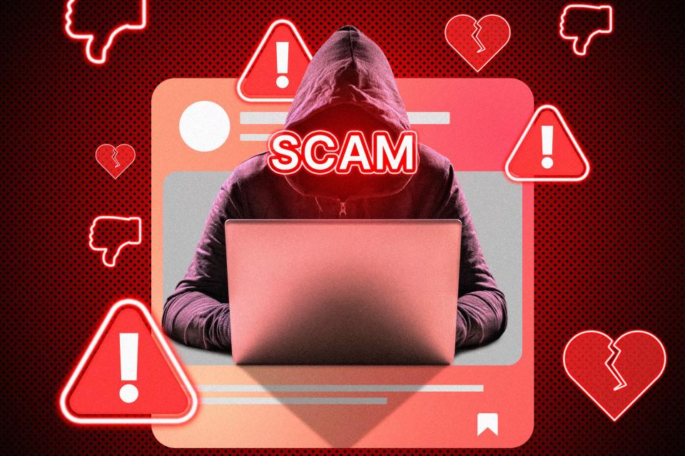 A social media post featuring a hooded scammer on a laptop with several thumbs down and alert signs around.