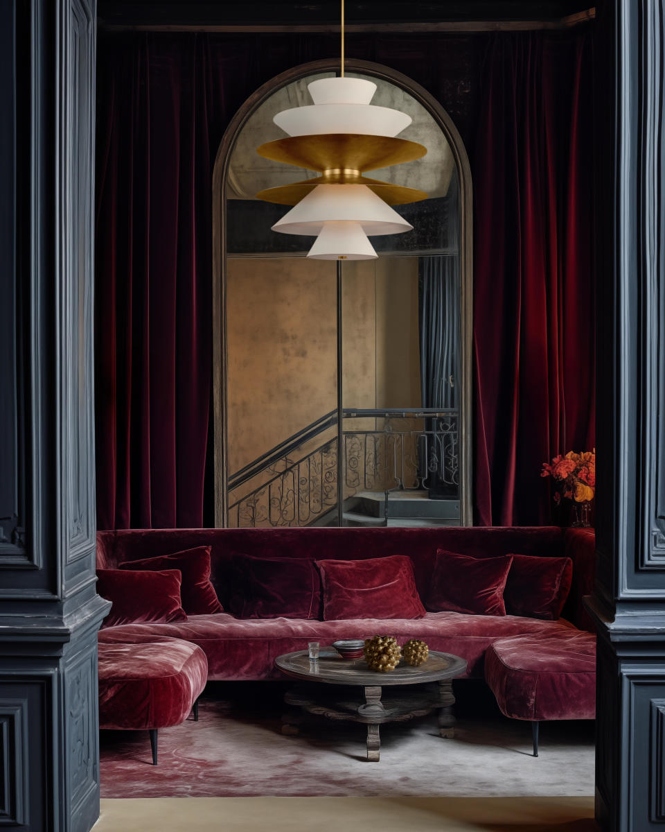 Red velvet sofa in a dark living room there is a round coffee table in front of the sofa and dark red drapery hanging from the back wall