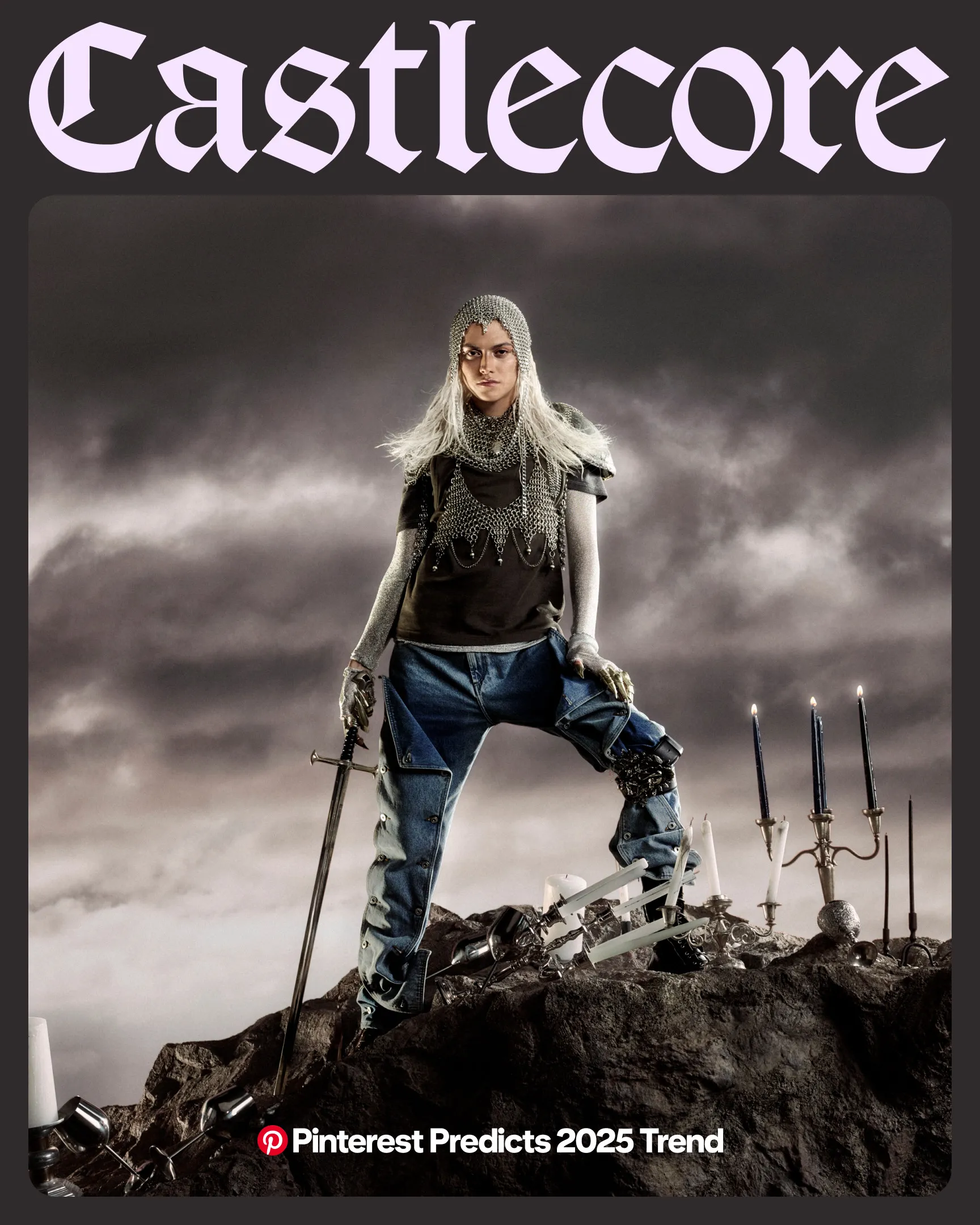 A man wearing a chainmail headpiece and holding a sword poses against a stormy sky surrounded by ornate candelabras