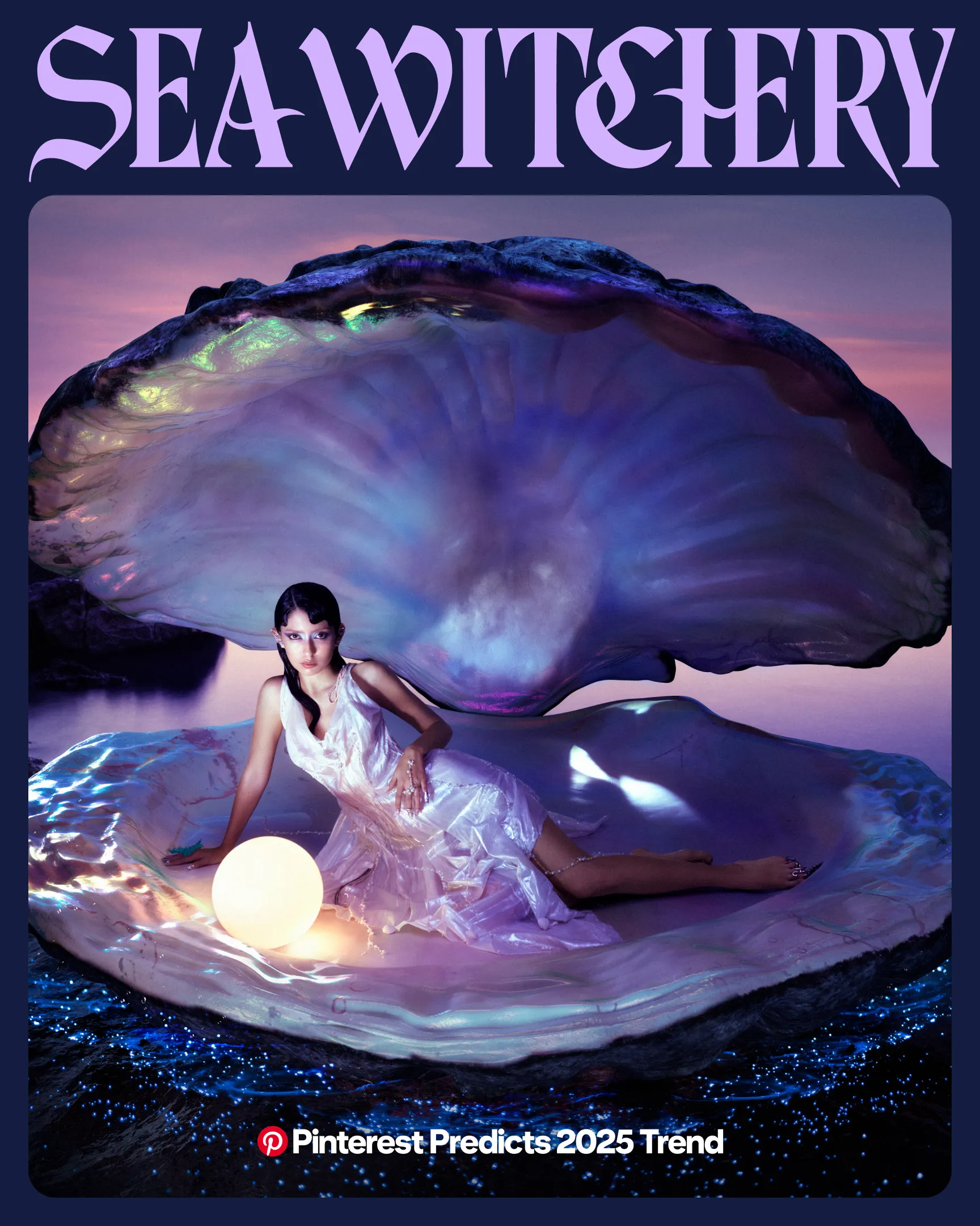 A woman in a wet-looking dress reclining inside a giant, pearlescent clam shell with a glowing pearl in it