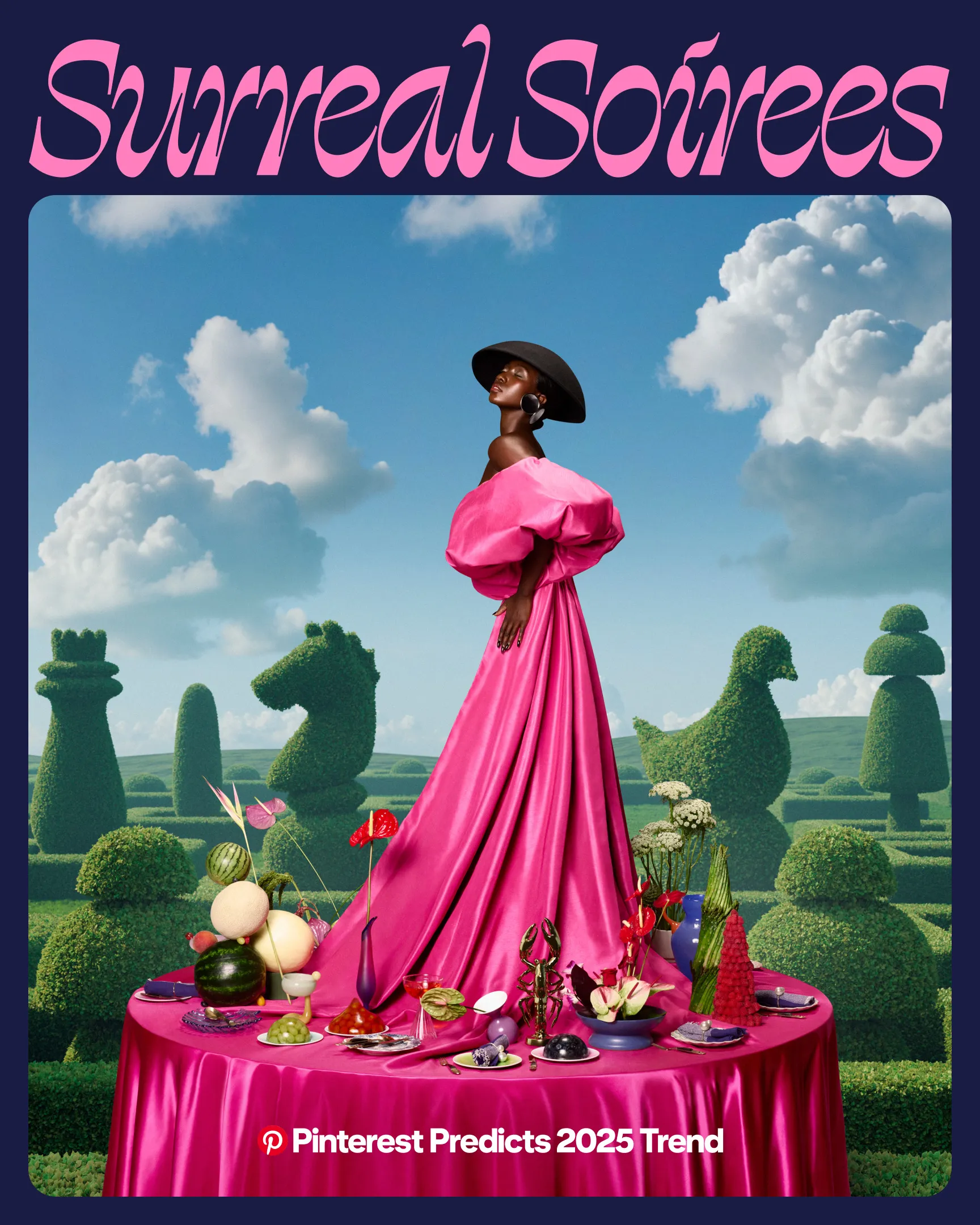 A woman in a hot pink ball gown standing on top of a brightly colored dinner party table