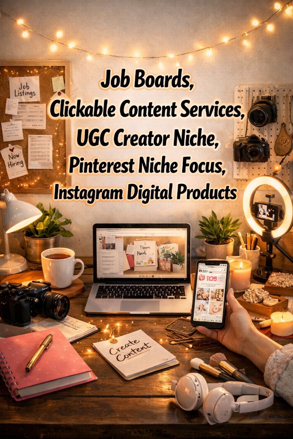 Job Boards, Clickable Content Services, UGC Creator Niche, Pinterest Niche Focus, Instagram Digital Products