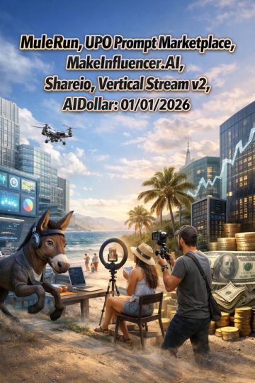 MuleRun, UPO Prompt Marketplace, MakeInfluencer.AI, Shareio, Vertical Stream v2, AIDollar: 01/01/2026