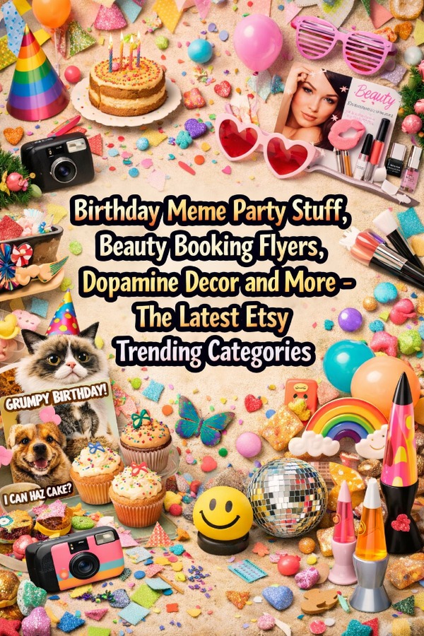 Birthday Meme Party Stuff, Beauty Booking Flyers, Dopamine Decor and More, The Latest Etsy Trending Categories