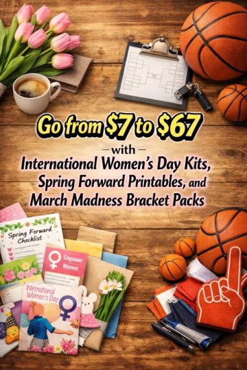 Go from  to  with International Women’s Day Kits, Spring Forward Printables, and March Madness Bracket Packs