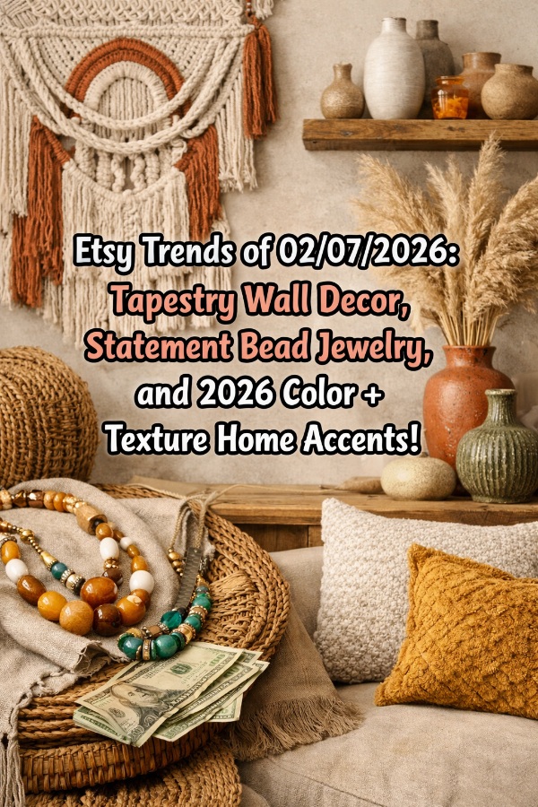 Etsy Trends of 02/07/2026: Tapestry Wall Decor, Statement Bead Jewelry, and 2026 Color + Texture Home Accents