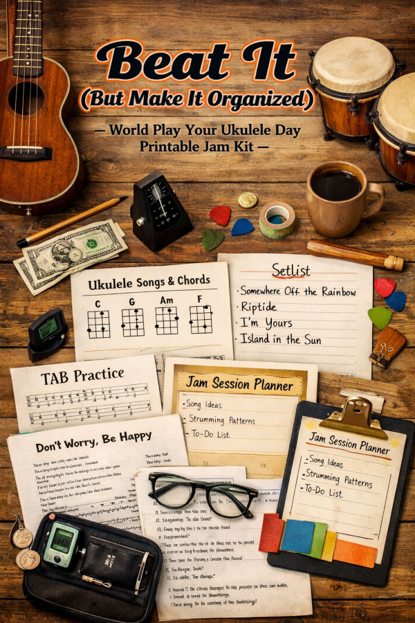 🥁 “Beat It (But Make It Organized)” – World Play Your Ukulele Day Printable Jam Kit