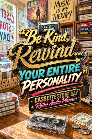📼 “Be Kind, Rewind… Your Entire Personality” – Cassette Store Day Retro Audio Planner