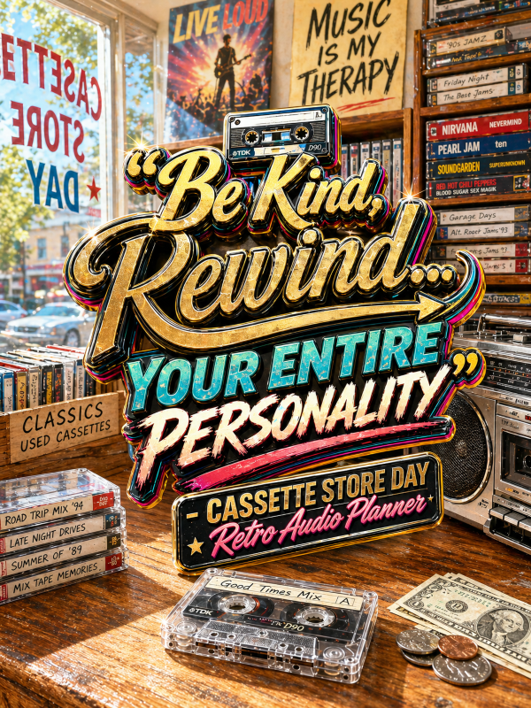 📼 “Be Kind, Rewind… Your Entire Personality” – Cassette Store Day Retro Audio Planner