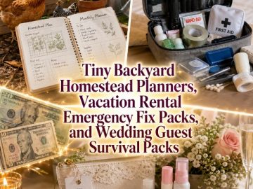 Tiny Backyard Homestead Planners, Vacation Rental Emergency Fix Packs, and Wedding Guest Survival Packs