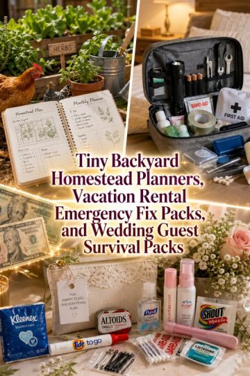 Tiny Backyard Homestead Planners, Vacation Rental Emergency Fix Packs, and Wedding Guest Survival Packs